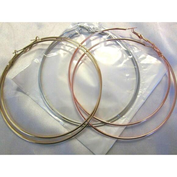 Cocadant 4" Hoop Earrings 3 Pc Silver Gold Plated Rose Gold Hypoallergenic Light - Picture 2 of 4